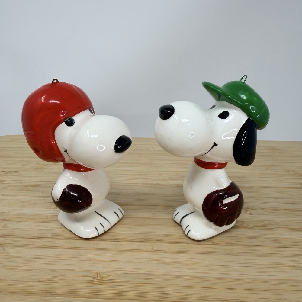Vintage Snoopy Ceramic Baseball Football Christmas Ornament Japan 1966 UFS Read